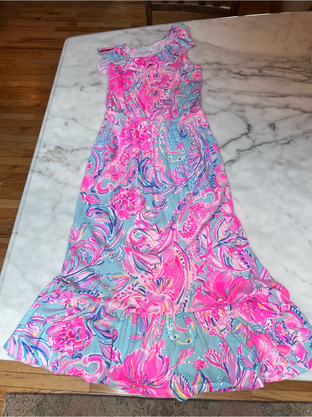 Lilly Pulitzer Pink & Blue Floral Ruffle Maxi Dress - Girls